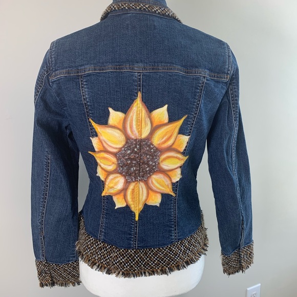 Coldwater Creek Denim Jacket Painted Sunflower - Picture 2 of 7